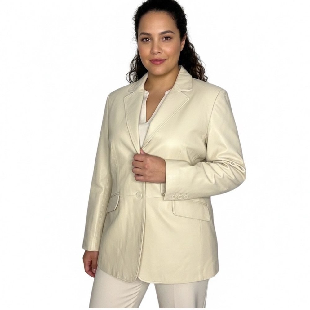 PAMELA McCOY LEATHER Blazer Jacket Lined Cream Color Two Button Womens Size 2X